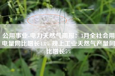 公用事业-电力天然气周报：3月全社会用电量同比增长4.8% 规上工业天然气产量同比增长5%