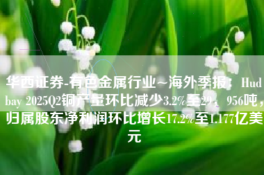 华西证券-有色金属行业~海外季报：Hudbay 2025Q2铜产量环比减少3.2%至29，956吨，归属股东净利润环比增长17.2%至1.177亿美元