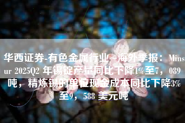 华西证券-有色金属行业~海外季报：Minsur 2025Q2 年锡锭产量同比下降1%至7，089 吨，精炼锡的单位现金成本同比下降3%至9，588 美元吨