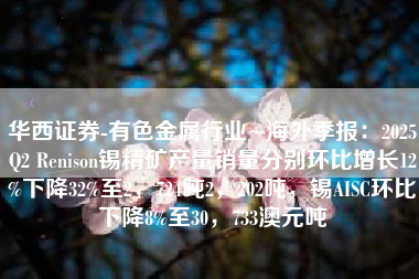 华西证券-有色金属行业~海外季报：2025Q2 Renison锡精矿产量销量分别环比增长12%下降32%至2，724吨2，202吨，锡AISC环比下降8%至30，733澳元吨