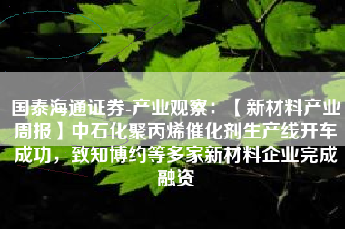 国泰海通证券-产业观察：【新材料产业周报】中石化聚丙烯催化剂生产线开车成功，致知博约等多家新材料企业完成融资